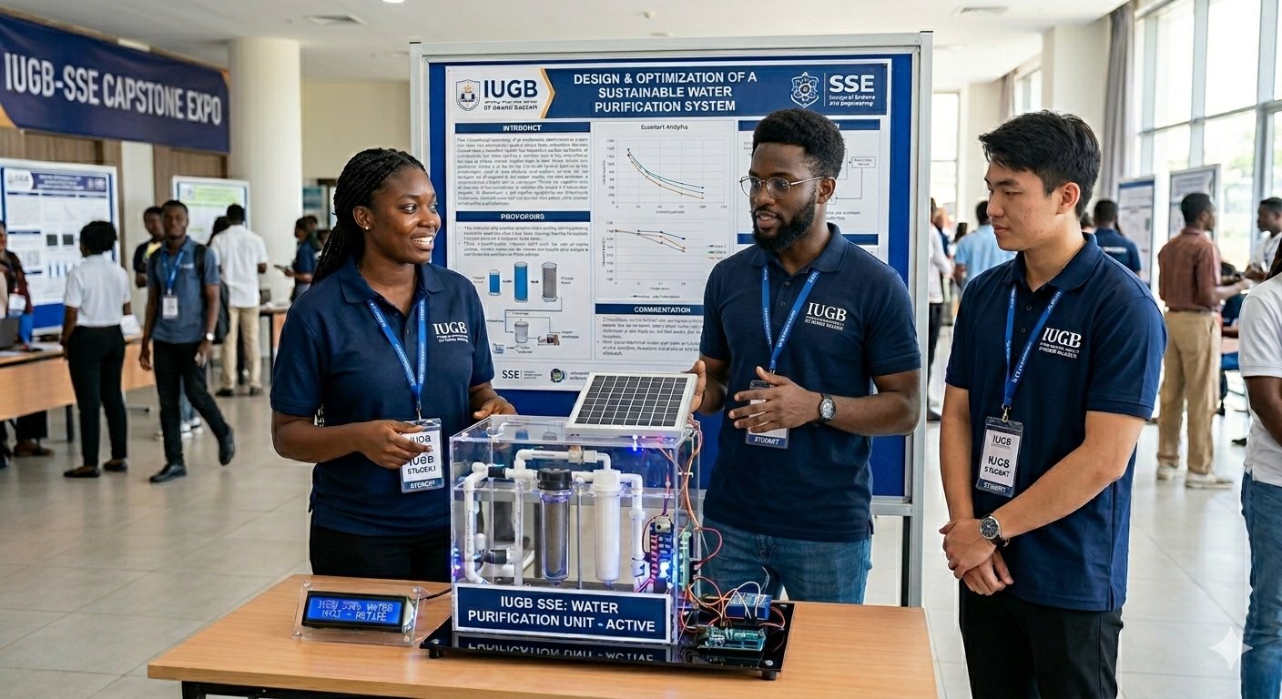 IUGB-SSE students presenting water purification capstone project at SSE Capstone Expo