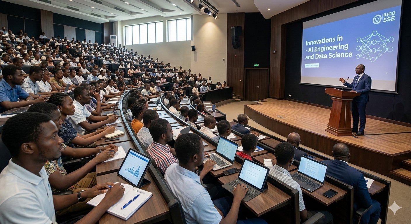 Visiting speaker presenting on AI Engineering and Data Science to a full lecture hall at IUGB-SSE