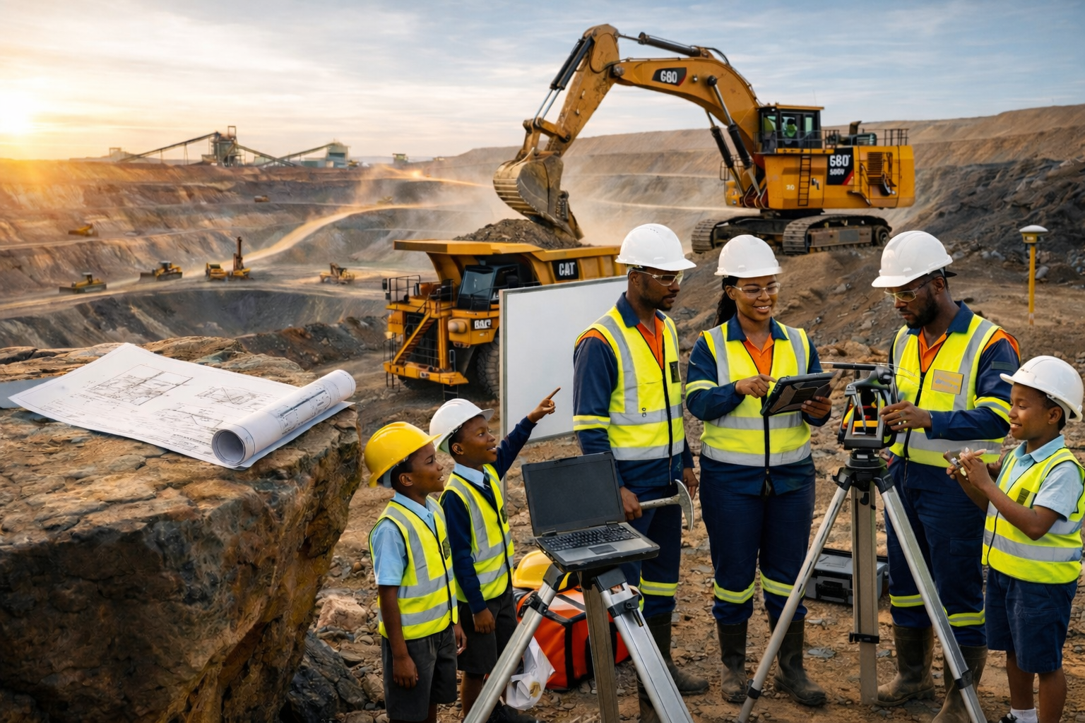 Mining Engineering — open-pit mine at dusk with engineers and equipment