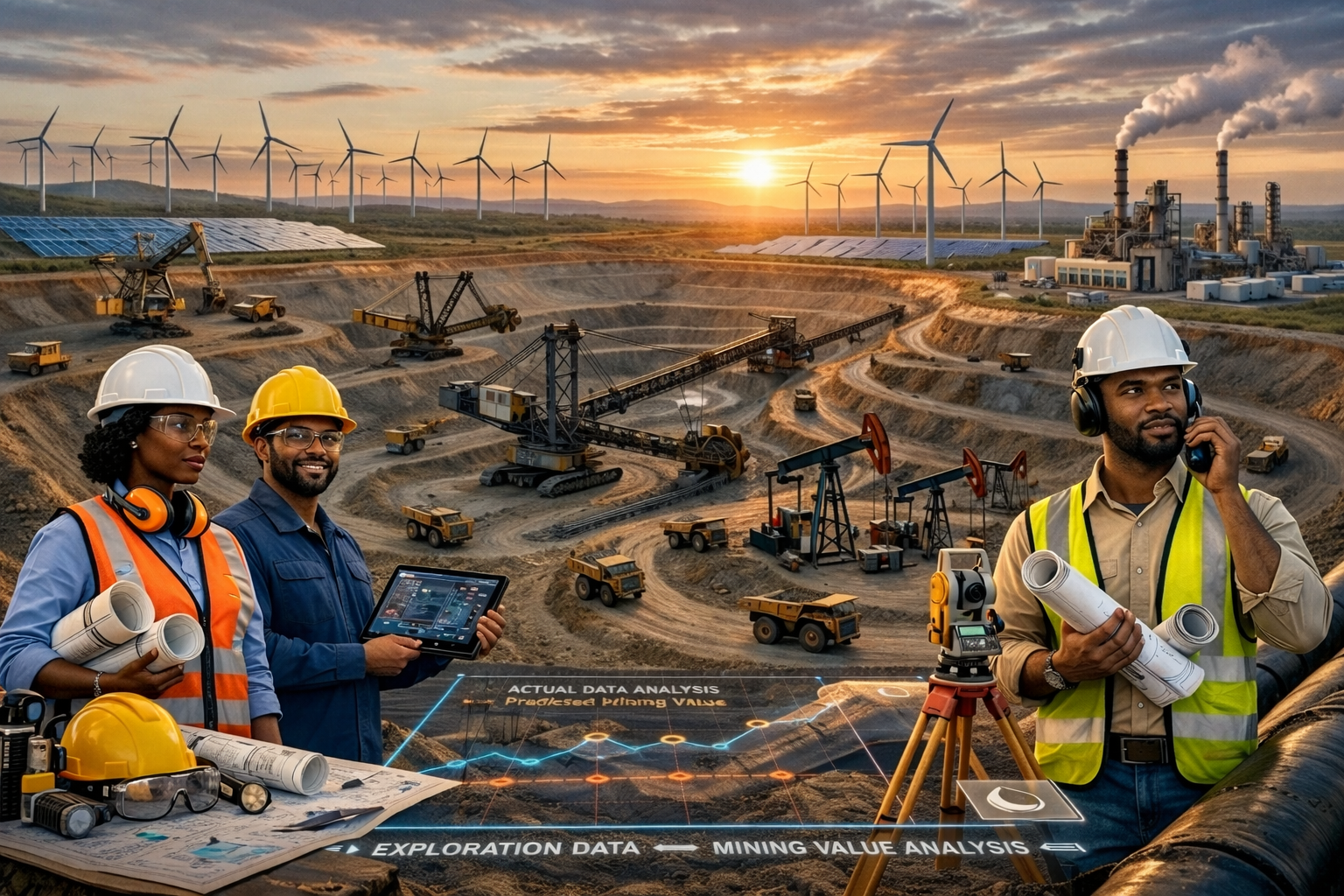 Petroleum Engineering — engineers on site with oil extraction equipment